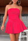 Rose Red Sexy Solid Patchwork Fold Strapless A Line Dresses