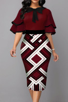Burgundy Casual Print Patchwork With Bow O Neck One Step Skirt Dresses