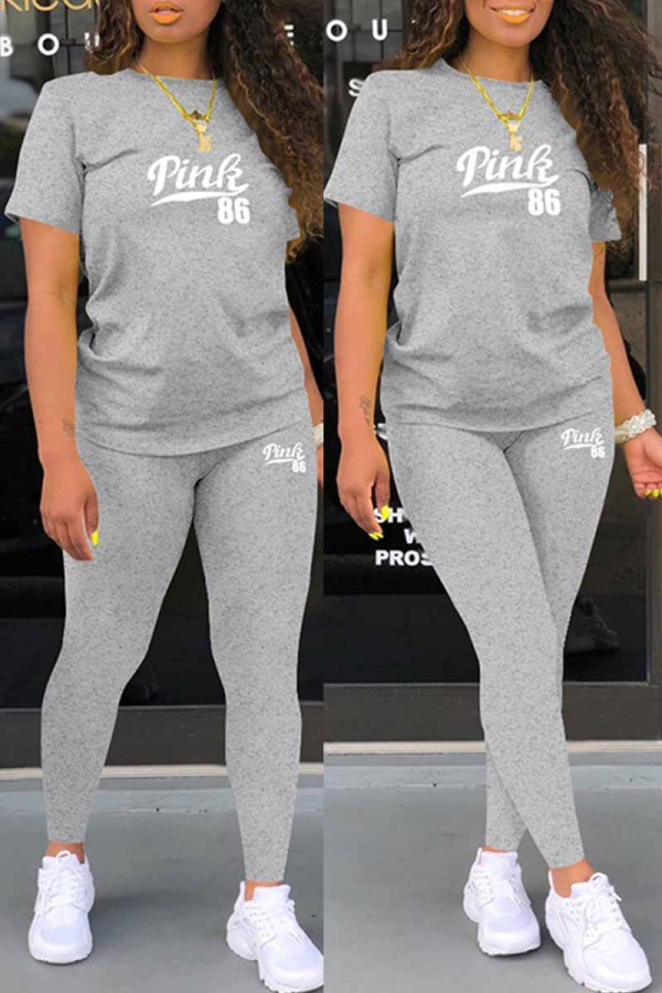 Grey Casual Print Letter O Neck Short Sleeve Two Pieces