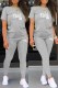 Grey Casual Print Letter O Neck Short Sleeve Two Pieces