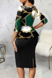 Green Casual Print Patchwork O Neck One Step Skirt Dresses