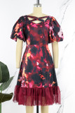 Deep Red Elegant Print Patchwork Asymmetrical Collar A Line Dresses