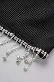 Black Sexy Casual Solid Tassel Patchwork Backless Spaghetti Strap Sleeveless Two Pieces