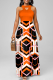 Tangerine Red Casual Print Patchwork O Neck Waist Skirt Dresses