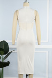Cream White Sexy Solid Patchwork Rhinestone Half A Turtleneck Pencil Skirt Dresses