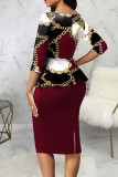 Green Casual Print Patchwork O Neck One Step Skirt Dresses