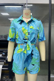 Blue Casual Daily Floral Pocket Frenulum Shirt Collar Short Sleeve Two Pieces