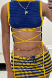 Blue Sexy Hollowed Out Patchwork O Neck Sleeveless Two Pieces