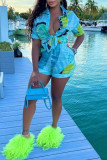 Blue Casual Daily Floral Pocket Frenulum Shirt Collar Short Sleeve Two Pieces