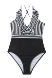 Black Sexy Striped Print Patchwork Flounce Swimwears
