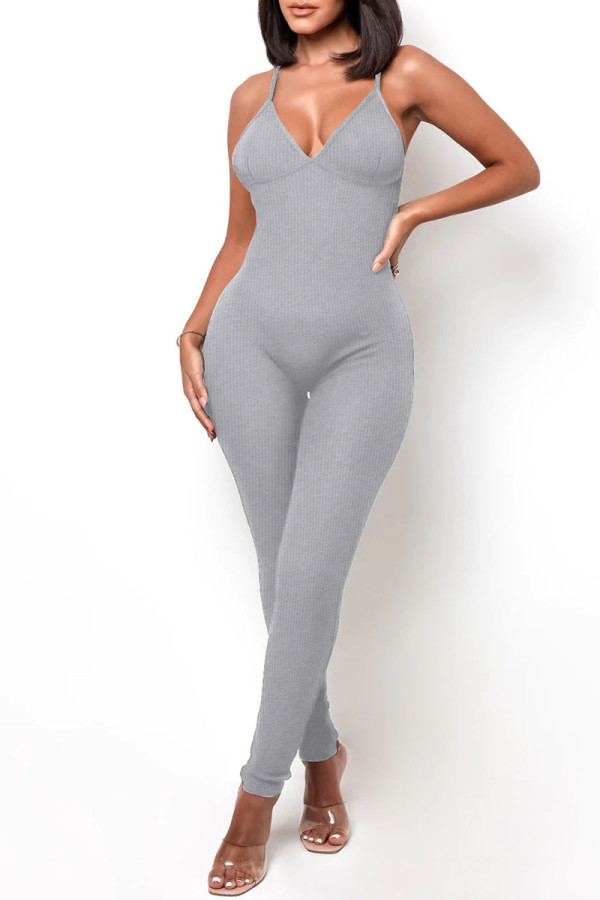 Grey Sportswear Solid Patchwork Backless Spaghetti Strap Skinny Jumpsuits
