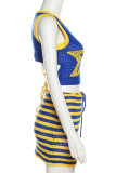 Blue Sexy Hollowed Out Patchwork O Neck Sleeveless Two Pieces