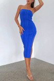 Blue Sexy Celebrities Simplicity Solid Slit Off the Shoulder One Step Skirt Dresses