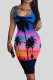 Rose Red Blue Sexy Print Patchwork U Neck Pencil Skirt Dresses