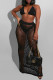 Black Sexy Solid Hollowed Out Patchwork Halter Sleeveless Two Pieces