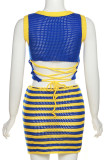 Blue Sexy Hollowed Out Patchwork O Neck Sleeveless Two Pieces
