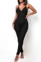 Black Sportswear Solid Patchwork Backless Spaghetti Strap Skinny Jumpsuits