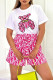 Red Casual Print Letter With Belt O Neck Short Sleeve Two Pieces