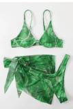 Ink Green Sexy Print Bandage Patchwork Asymmetrical 3 Piece Sets