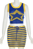 Blue Sexy Hollowed Out Patchwork O Neck Sleeveless Two Pieces