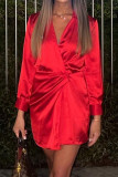 Red Work Elegant Solid Fold Asymmetrical V Neck One Step Skirt Dresses
