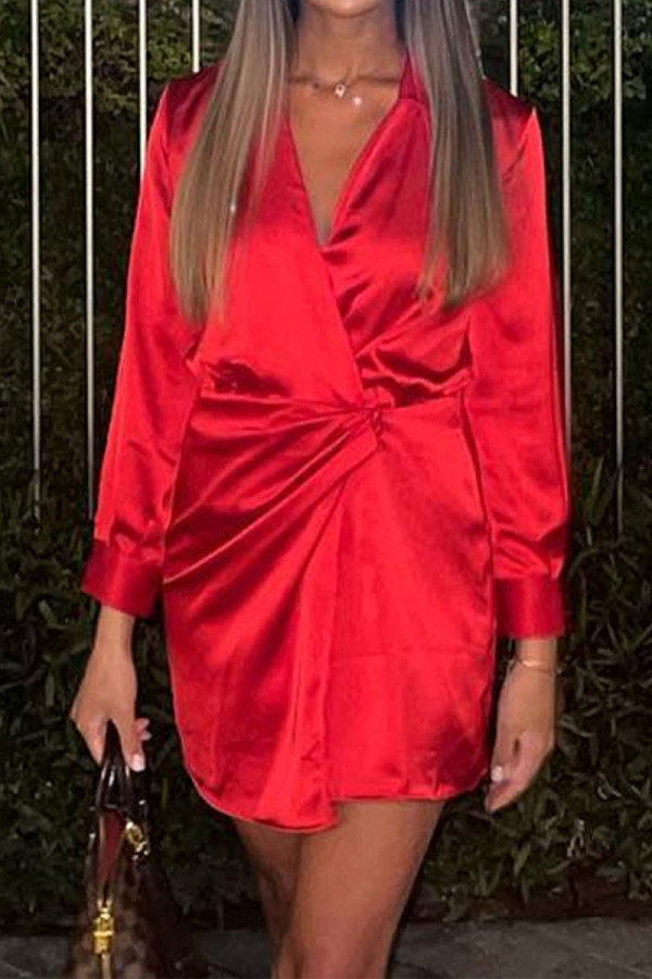 Red Work Elegant Solid Fold Asymmetrical V Neck One Step Skirt Dresses