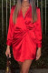 Red Work Elegant Solid Fold Asymmetrical V Neck One Step Skirt Dresses