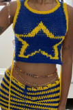 Blue Sexy Hollowed Out Patchwork O Neck Sleeveless Two Pieces