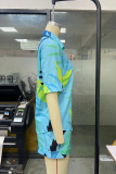 Blue Casual Daily Floral Pocket Frenulum Shirt Collar Short Sleeve Two Pieces