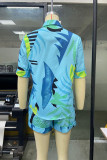 Blue Casual Daily Floral Pocket Frenulum Shirt Collar Short Sleeve Two Pieces