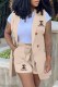 Apricot Work Print Letter Turn-back Collar Sleeveless Two Pieces