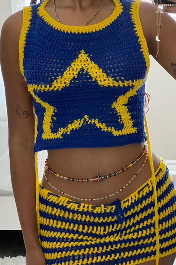 Blue Sexy Hollowed Out Patchwork O Neck Sleeveless Two Pieces