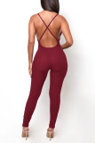 Blue Sportswear Solid Patchwork Backless Spaghetti Strap Skinny Jumpsuits