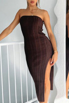 Brown Sexy Celebrities Simplicity Solid Slit Off the Shoulder One Step Skirt Dresses
