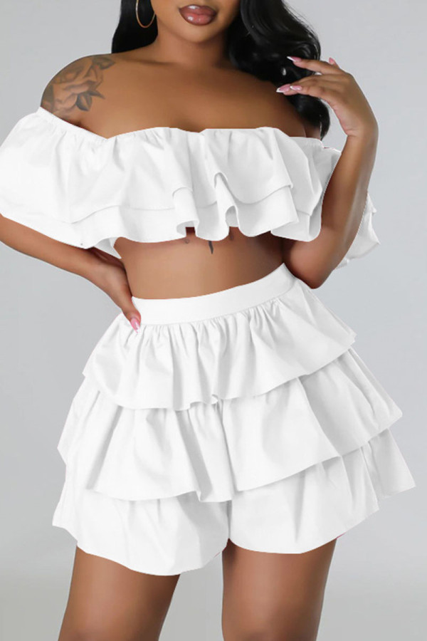 White Sexy Street Solid Patchwork Flounce Off the Shoulder Short Sleeve Two Pieces