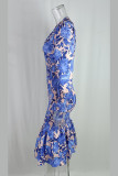 Khaki Daily Elegant Print Flounce V Neck Trumpet Mermaid Dresses