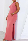 Pink Casual Solid Basic O Neck Long Dress Dresses