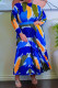 Dark Blue Casual Print Patchwork Fold Without Belt O Neck Long Sleeve Two Pieces(Without Belt)