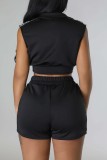 Black Casual Solid Patchwork Zipper Collar Sleeveless Two Pieces