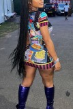 Colour Casual Print Basic O Neck Short Sleeve Dress