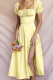 Yellow Daily Elegant Print Patchwork Frenulum Off the Shoulder Irregular Dress Dresses