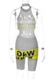 Black Sexy Casual Letter Print Patchwork Backless Halter Skinny Romper