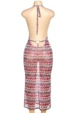 Purple Sexy Bohemian Print Bandage Backless Halter Long Dress Dresses