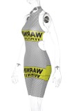 Black Sexy Casual Letter Print Patchwork Backless Halter Skinny Romper