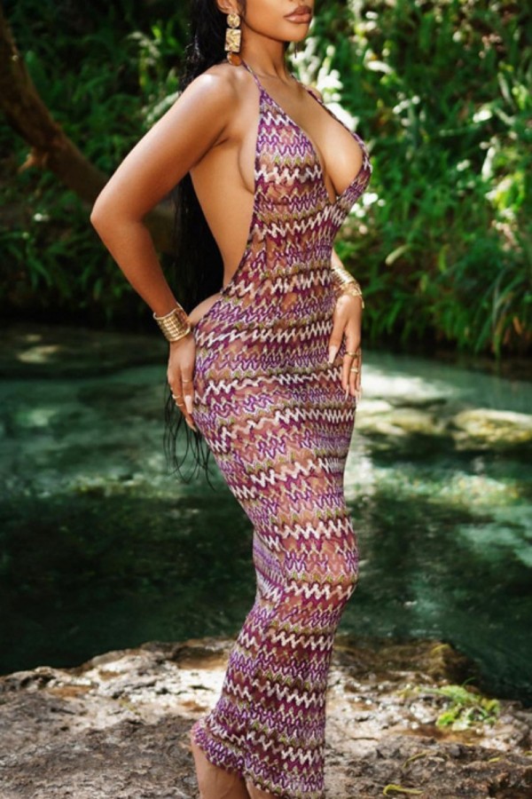 Purple Sexy Bohemian Print Bandage Backless Halter Long Dress Dresses