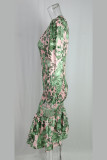 Green Daily Elegant Print Flounce V Neck Trumpet Mermaid Dresses