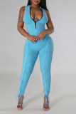 Light Blue Casual Solid Patchwork Stringy Selvedge Zipper Collar Skinny Jumpsuits