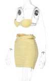 Yellow Sexy Solid Backless Spaghetti Strap Sleeveless Two Pieces