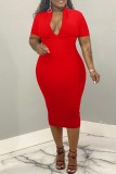 Red Casual Solid Patchwork V Neck Short Sleeve Dress