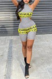 Black Sexy Casual Letter Print Patchwork Backless Halter Skinny Romper